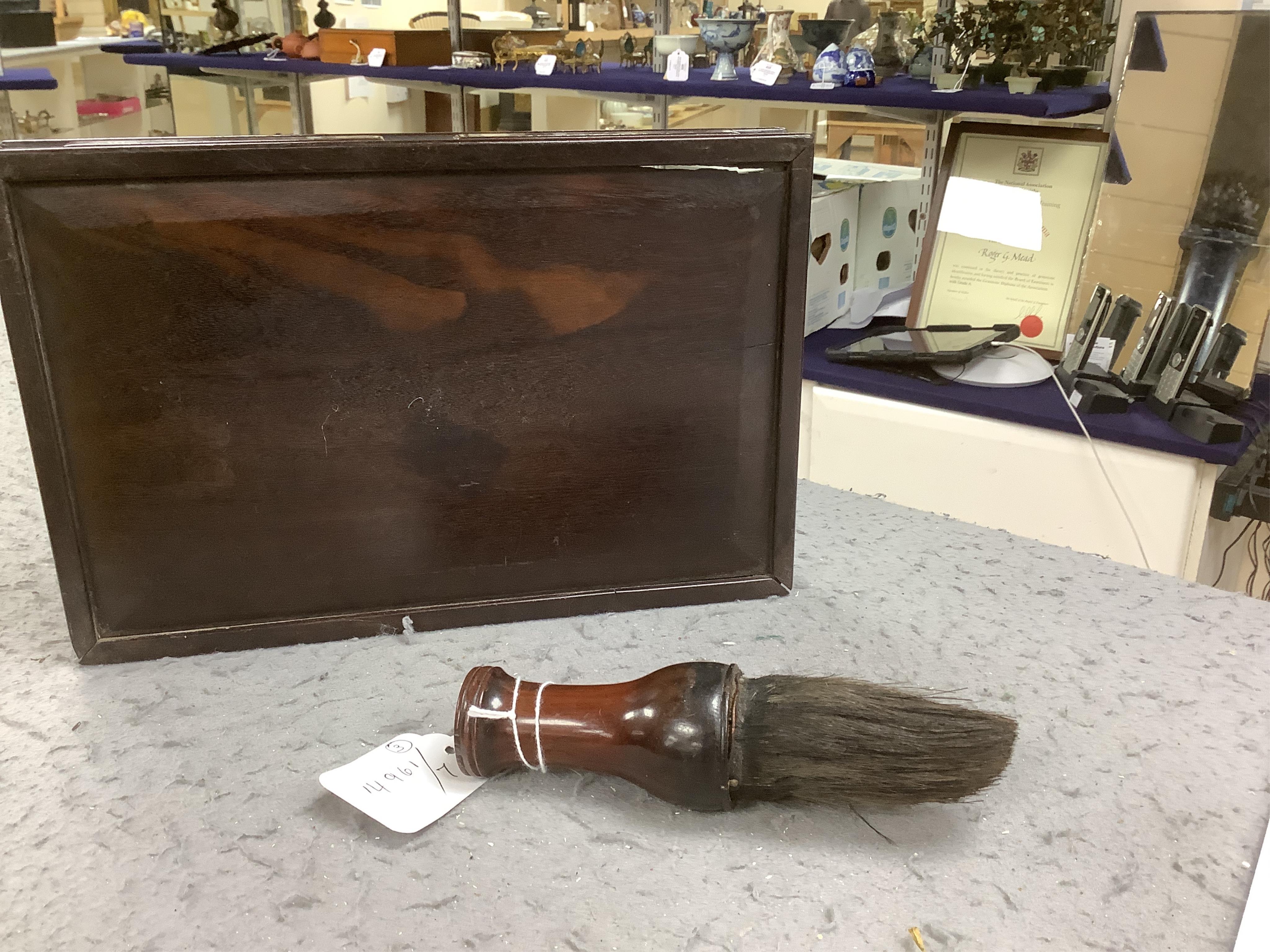 Literati interest: a Chinese probably zitan tray, a calligraphy brush and a brass ink box, 19th/20th century, tray 28 x 19cm. Condition - fair